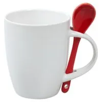 Кружка с ложкой Cheer Up, белая с красной с логотипом