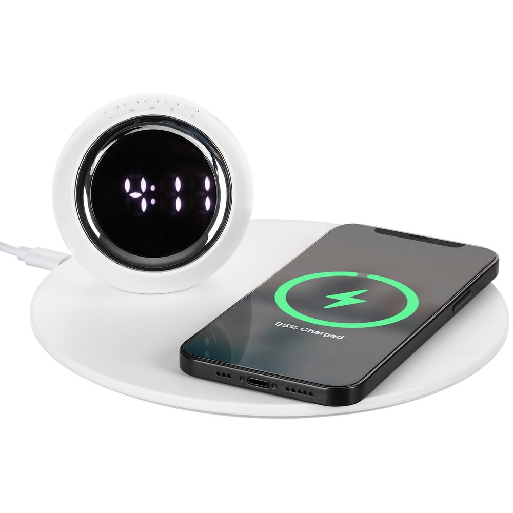 Станция беспроводной зарядки с часами и подсветкой GlobeBee, белая с логотипом