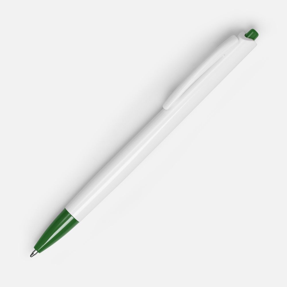 Ручка шариковая Tick, белая с зеленым с логотипом