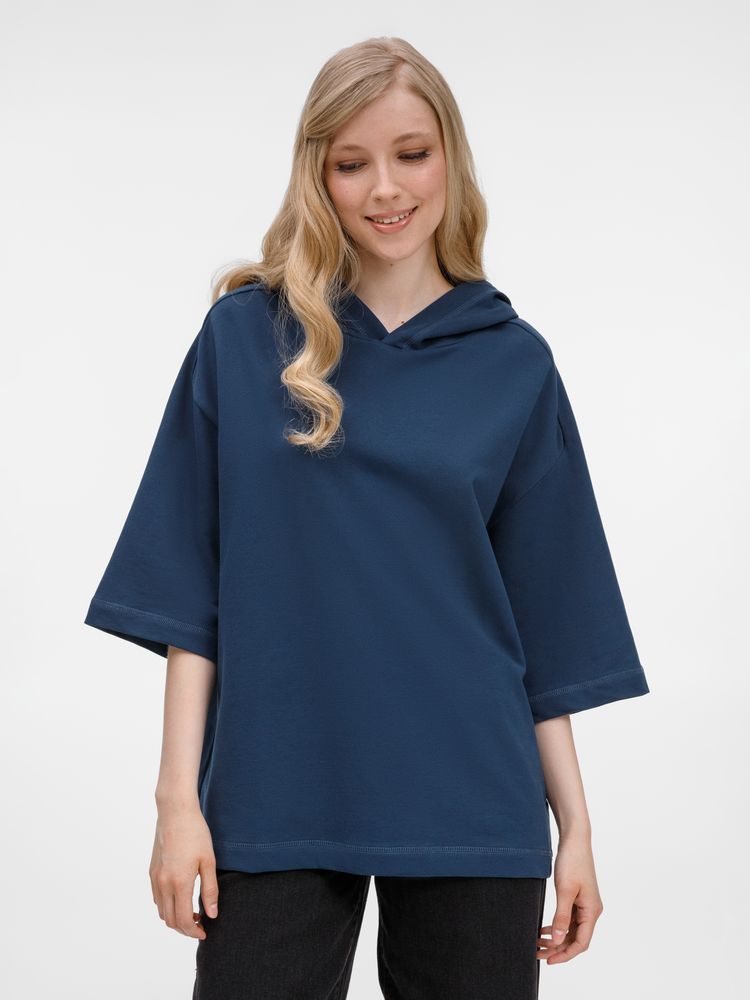 Футболка оверсайз унисекс с капюшоном Neofit, темно-синяя с логотипом