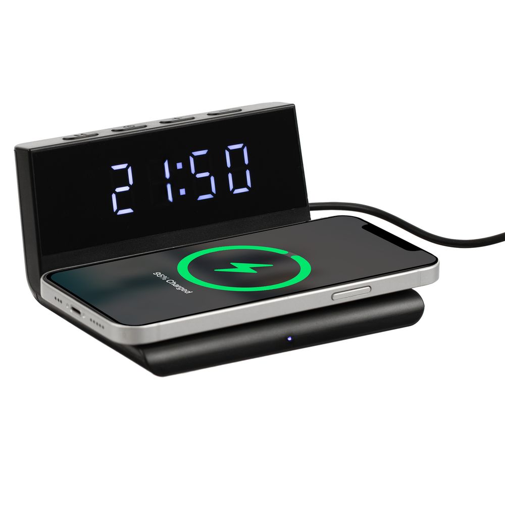 Станция беспроводной зарядки с часами Electron, ver.2, черная с логотипом