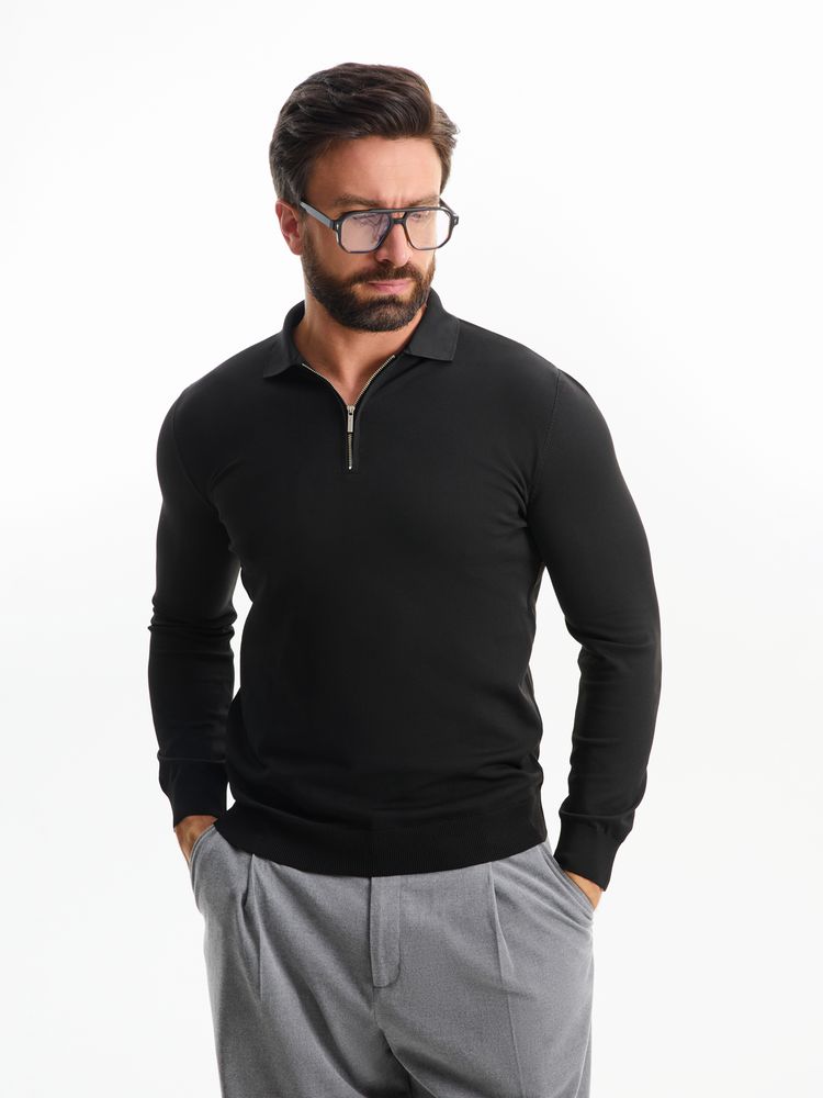 Рубашка поло мужская с длинным рукавом Terrazzo, черная с логотипом