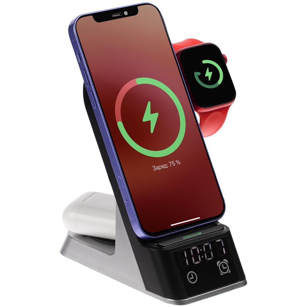 Зарядная станция с часами E-Store для смартфона, часов и наушников, черная с логотипом