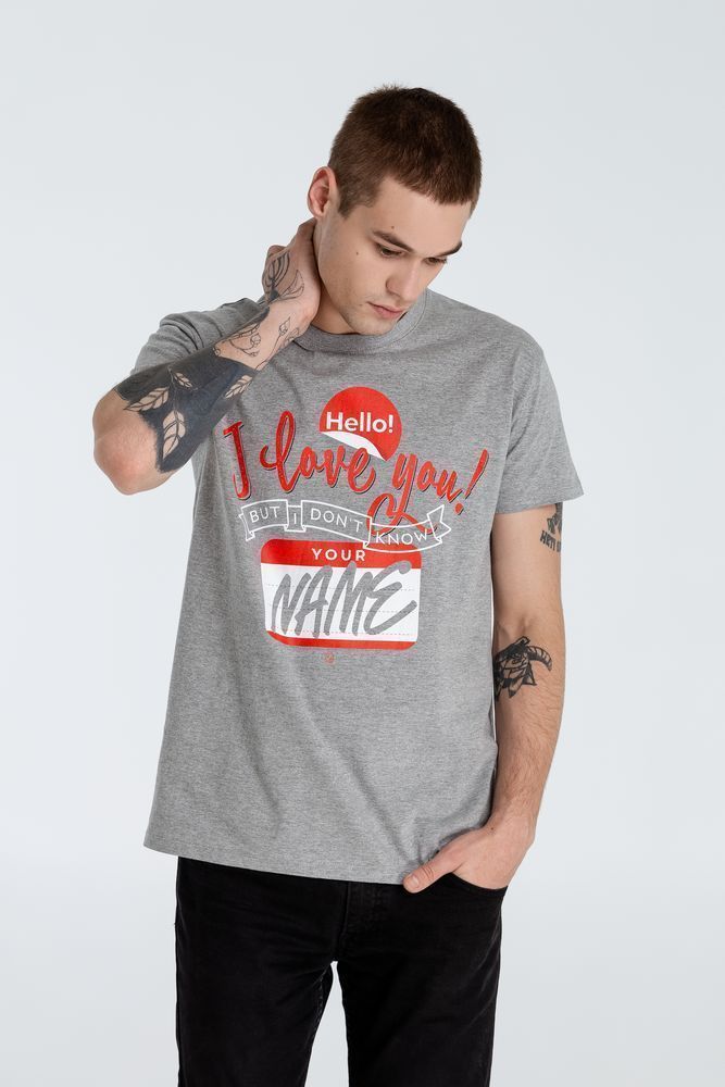 Футболка Hello! I Love You!, серый меланж с логотипом