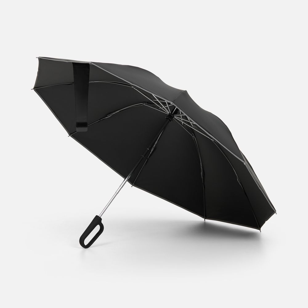 Зонт обратного сложения с ручкой-карабином Foldberry, черный с логотипом