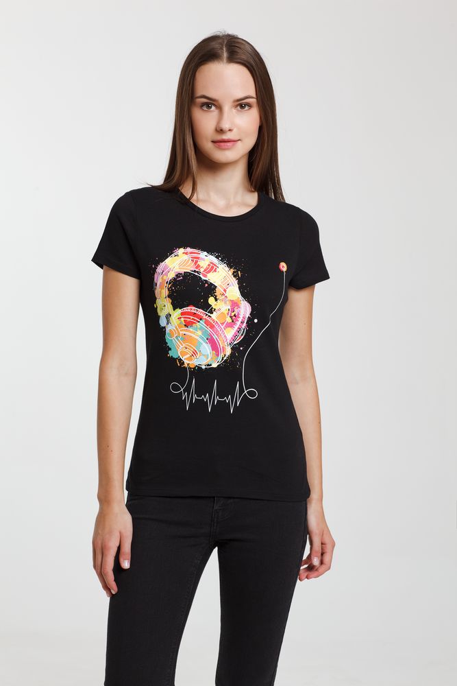 Футболка женская Feel The Beat, черная с логотипом