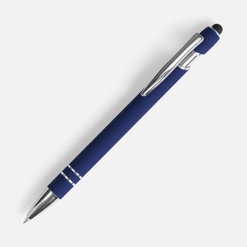 Ручка шариковая Pointer Soft Touch со стилусом, темно-синяя с логотипом