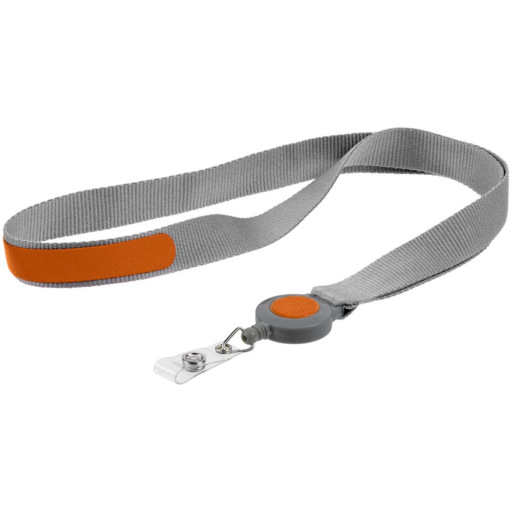 Лента для бейджа с ретрактором Devon, серая с оранжевым с логотипом