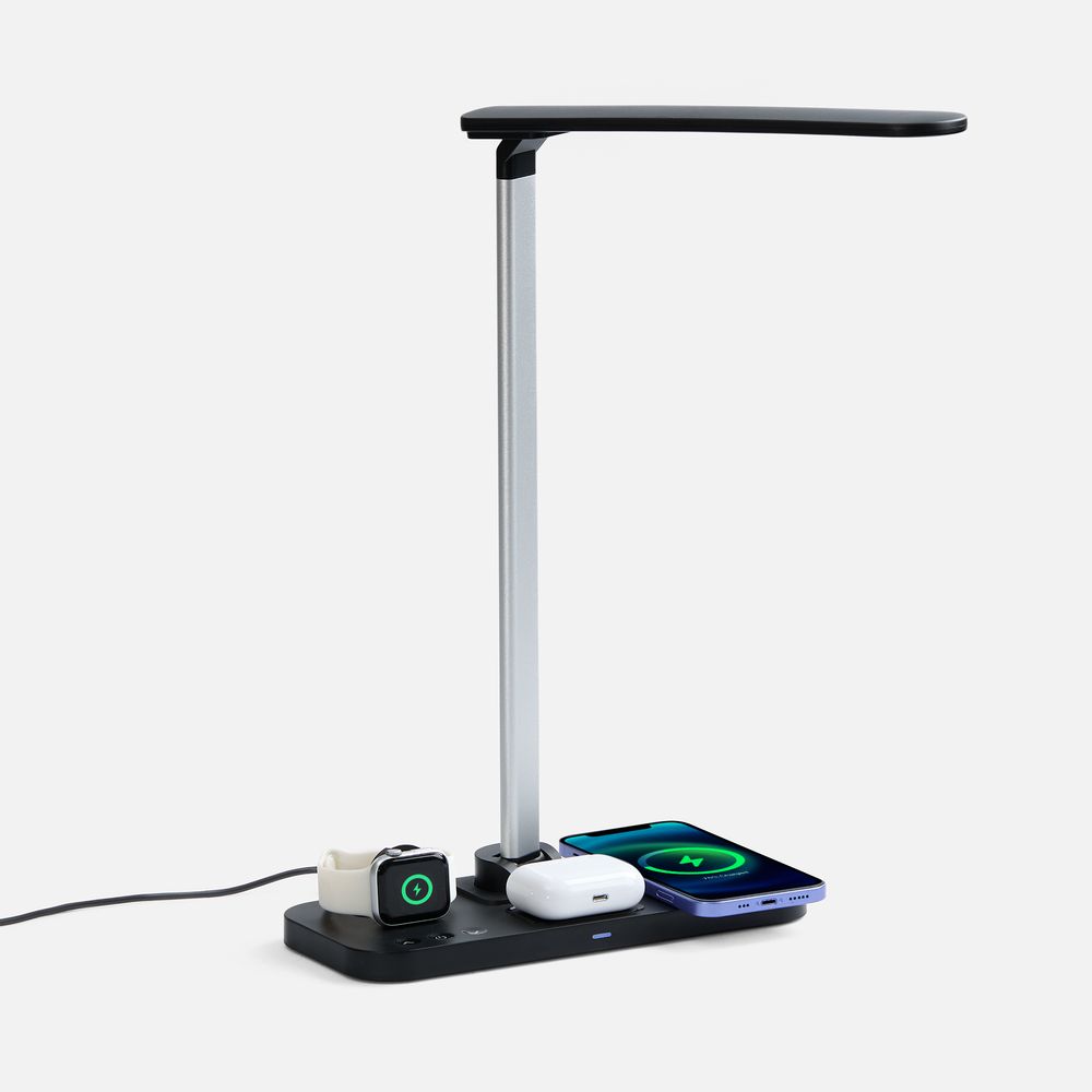Настольная лампа с беспроводной зарядкой Power Light, черная с логотипом