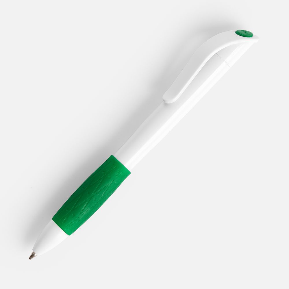 Ручка шариковая Grip, белая с зеленым с логотипом