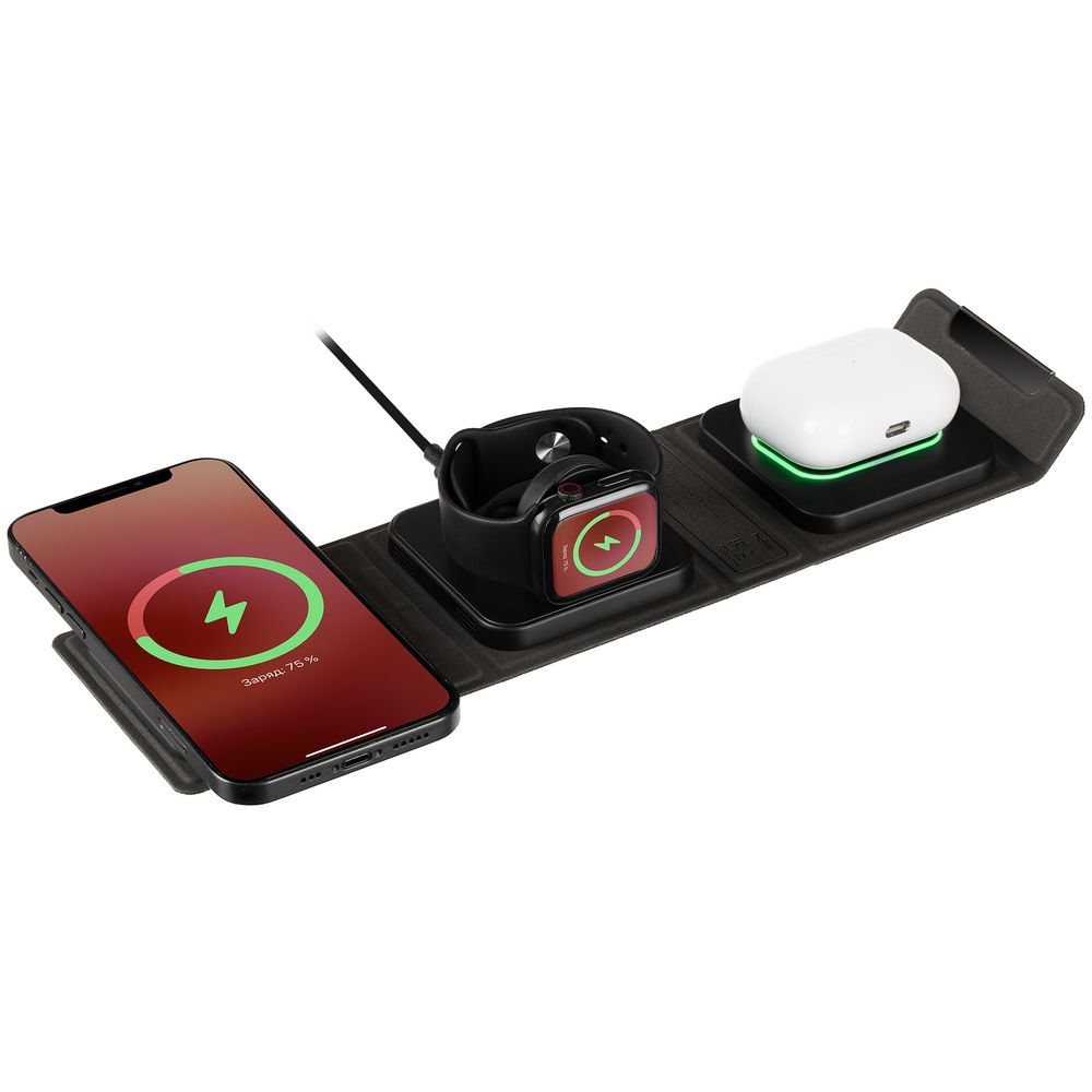 Складная станция беспроводной зарядки triFlex, черная с логотипом