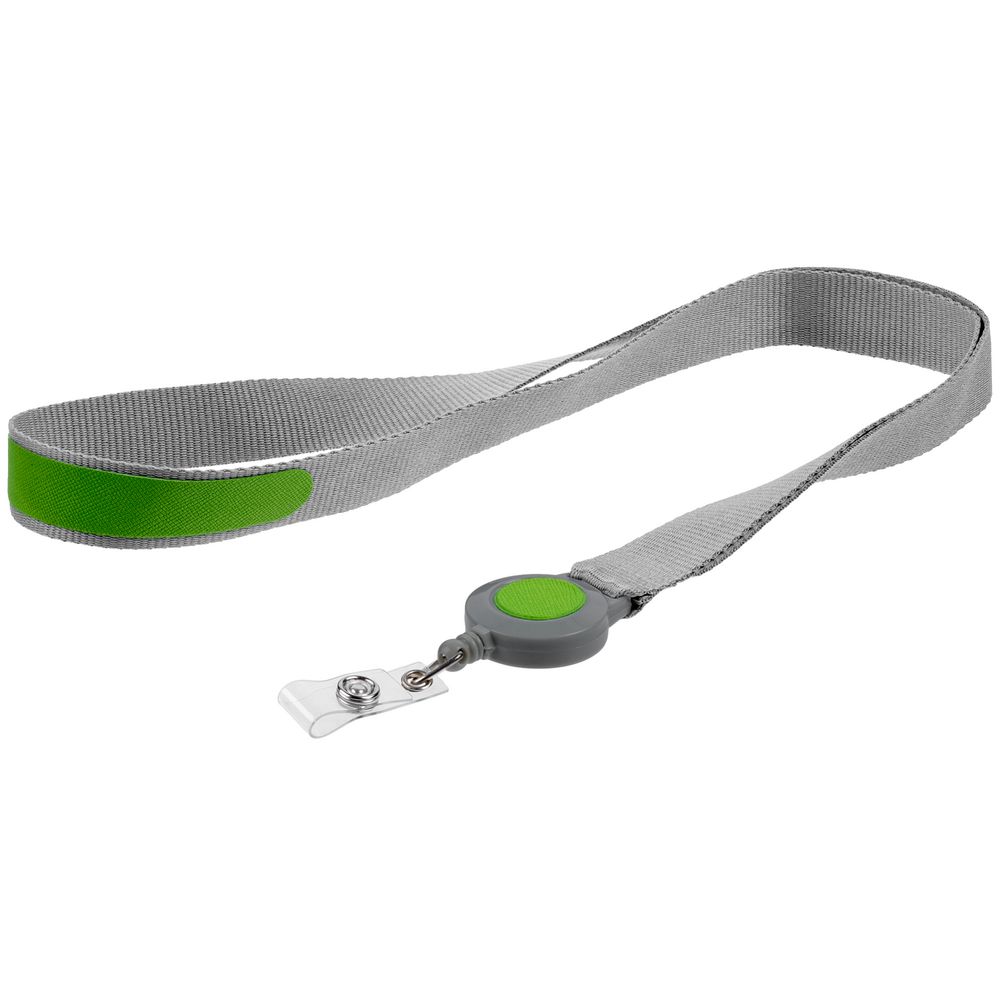 Лента для бейджа с ретрактором Devon, серая с зеленым с логотипом