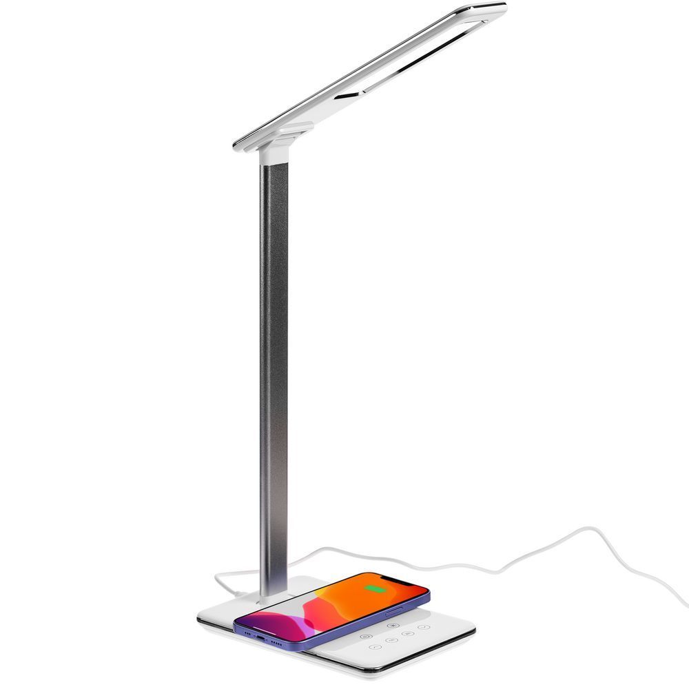 Настольная лампа с беспроводной зарядкой Power Spot, белая с логотипом