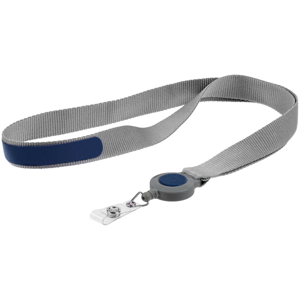 Лента для бейджа с ретрактором Devon, серая с синим с логотипом