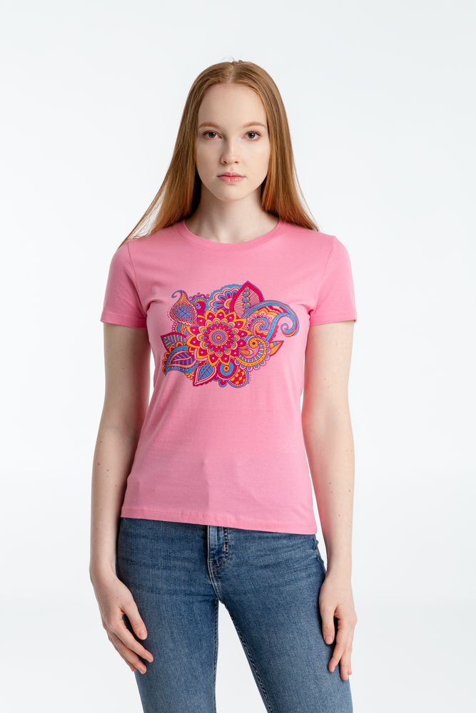 Футболка женская «Узор», розовая с логотипом