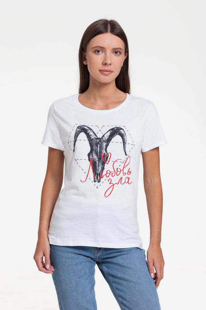 Футболка женская «Любовь зла», белая с логотипом