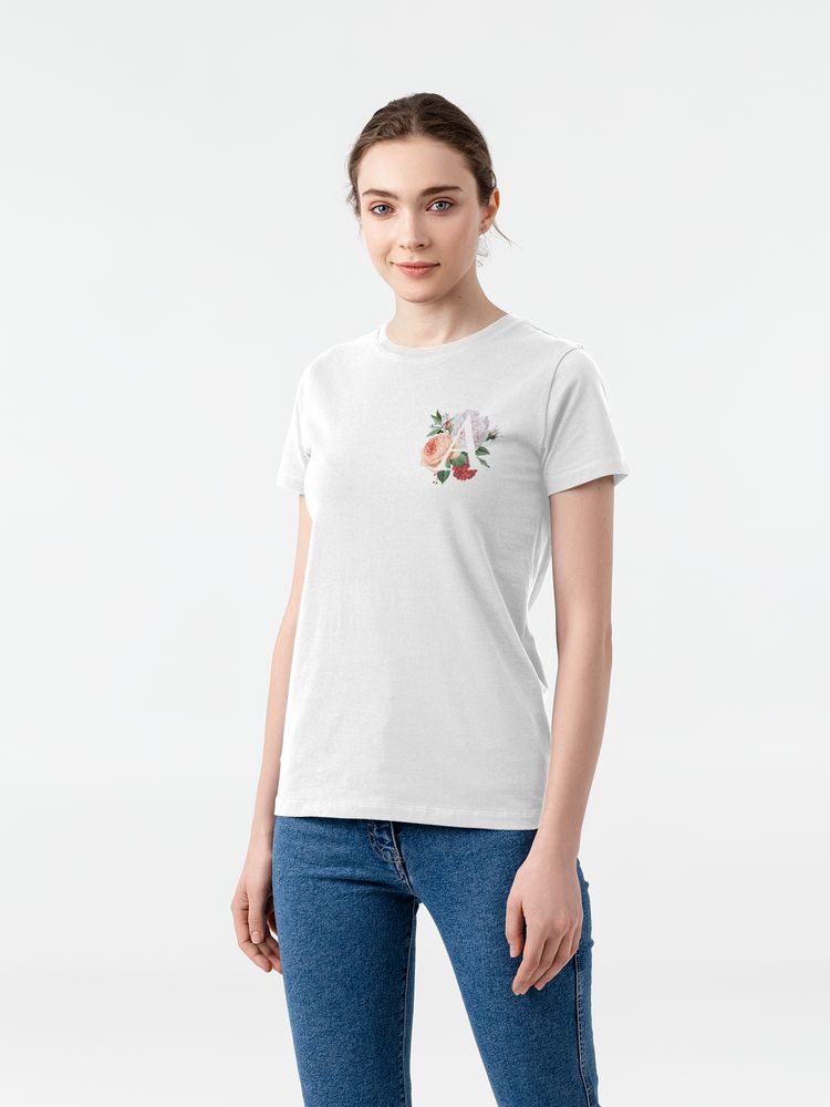 Футболка женская «Цветочная азбука: А», белая с логотипом