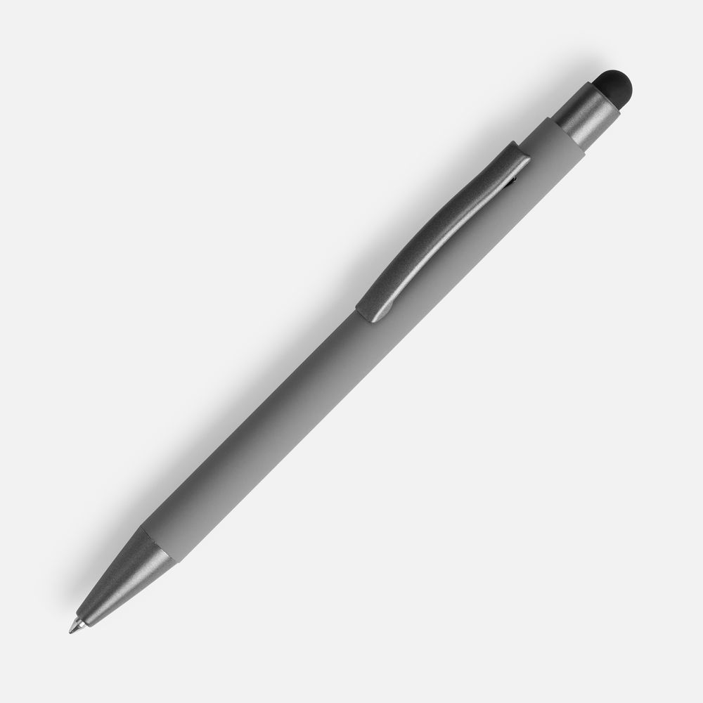 Ручка шариковая Atento Soft Touch со стилусом, серая с логотипом