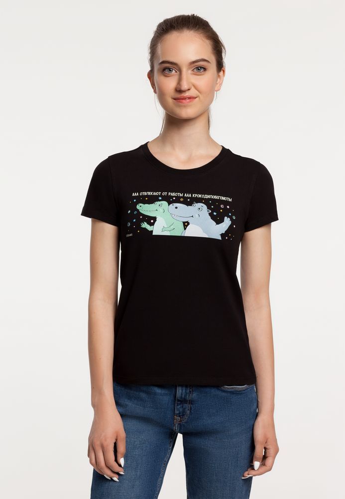 Футболка женская «Крокодилобегемоты», черная с логотипом