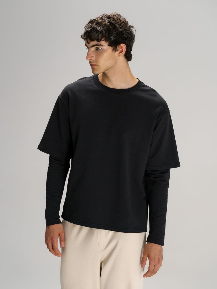 Футболка оверсайз с двойным рукавом Kosmos, черная с логотипом