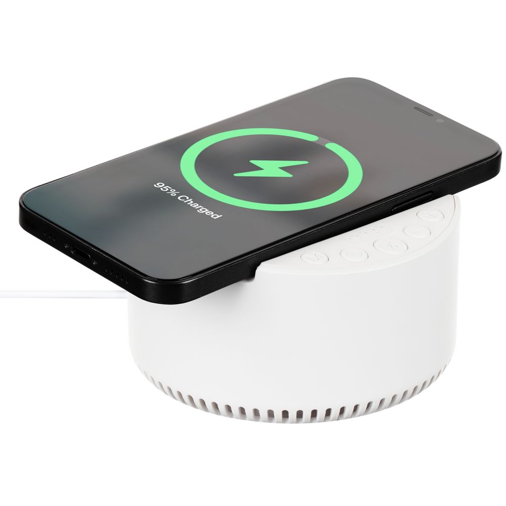 Bluetooth-колонка с беспроводной зарядкой relaxTime, белая с логотипом