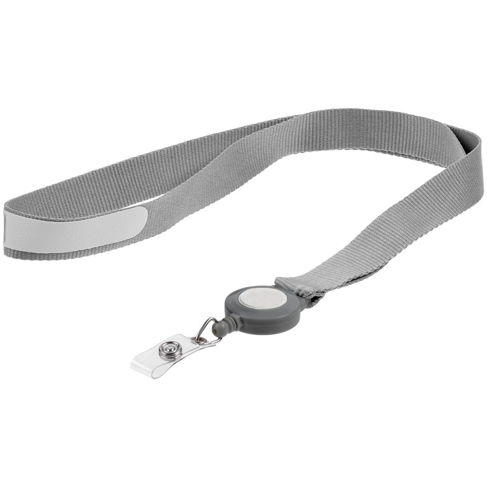 Лента для бейджа с ретрактором Devon, серая с белым с логотипом