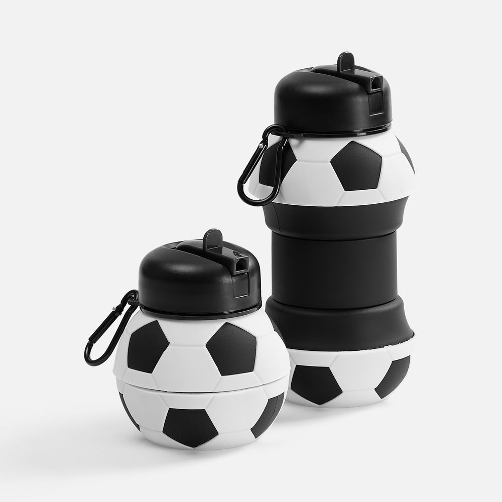 Складная бутылка для воды Football Flex, белая с черным с логотипом