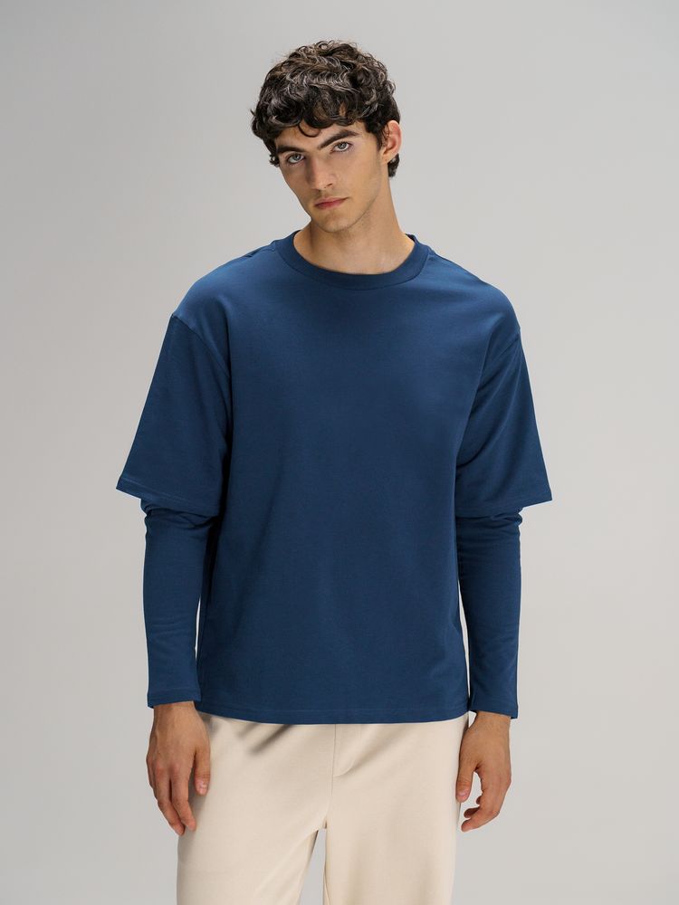 Футболка оверсайз с двойным рукавом Kosmos, темно-синяя с логотипом