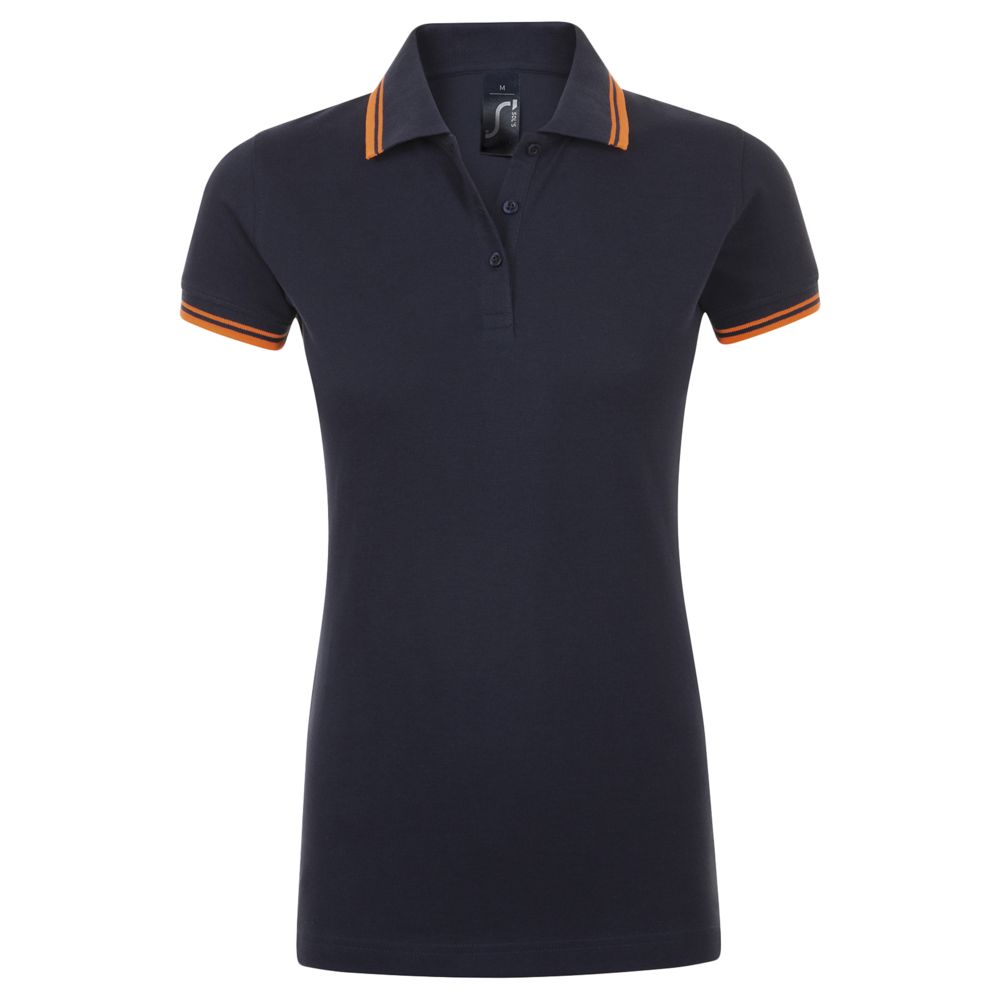 Рубашка поло женская Pasadena Women 200 с контрастной отделкой, темно-синяя (navy) с неоново-оранжевым с логотипом