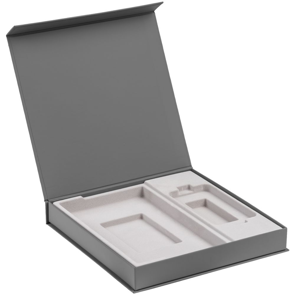 Коробка Modum с флокированным ложементом под ежедневник 13х21 см и аккумулятор, серая с логотипом