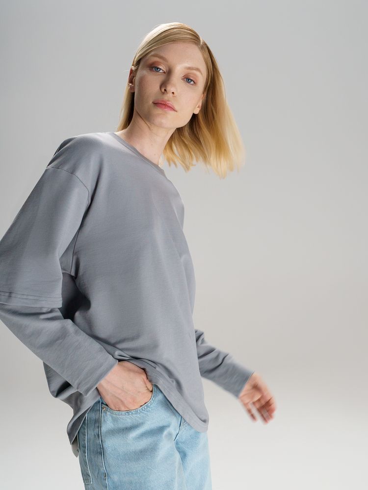 Футболка оверсайз с двойным рукавом Kosmos, светло-серая с логотипом