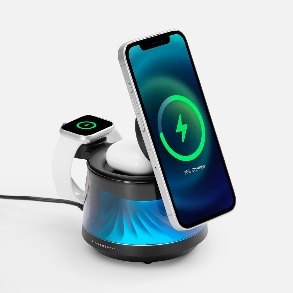 Bluetooth-колонка с подсветкой и беспроводной зарядкой Quantium, черная с логотипом