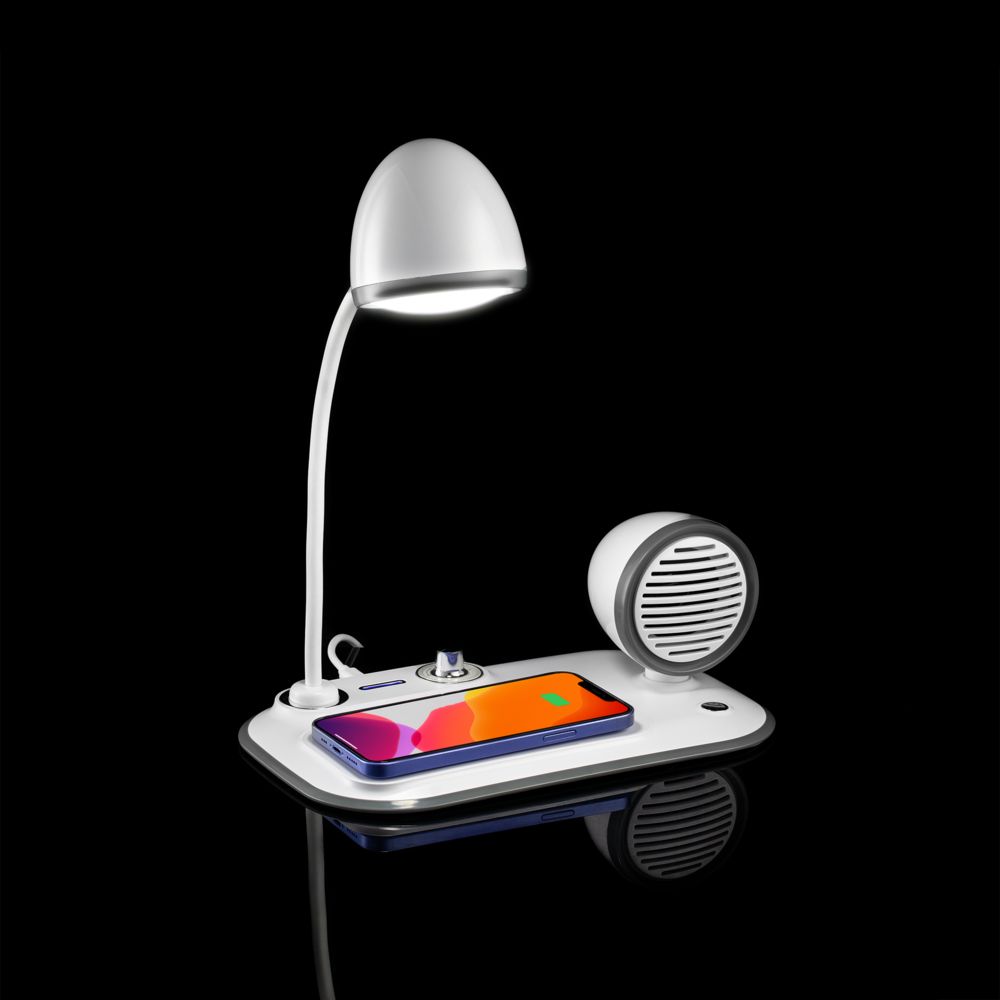 Лампа с колонкой и беспроводной зарядкой Flashback, белая с логотипом