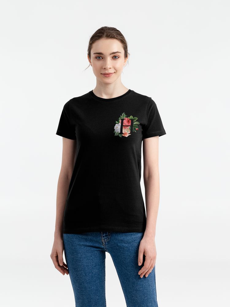 Футболка женская «Цветочная азбука Н», черная с логотипом