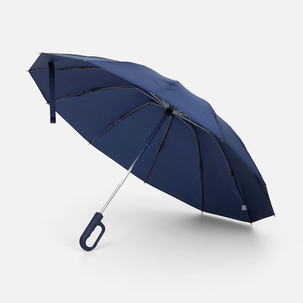 Зонт обратного сложения inLoop с ручкой-карабином, темно-синий с логотипом