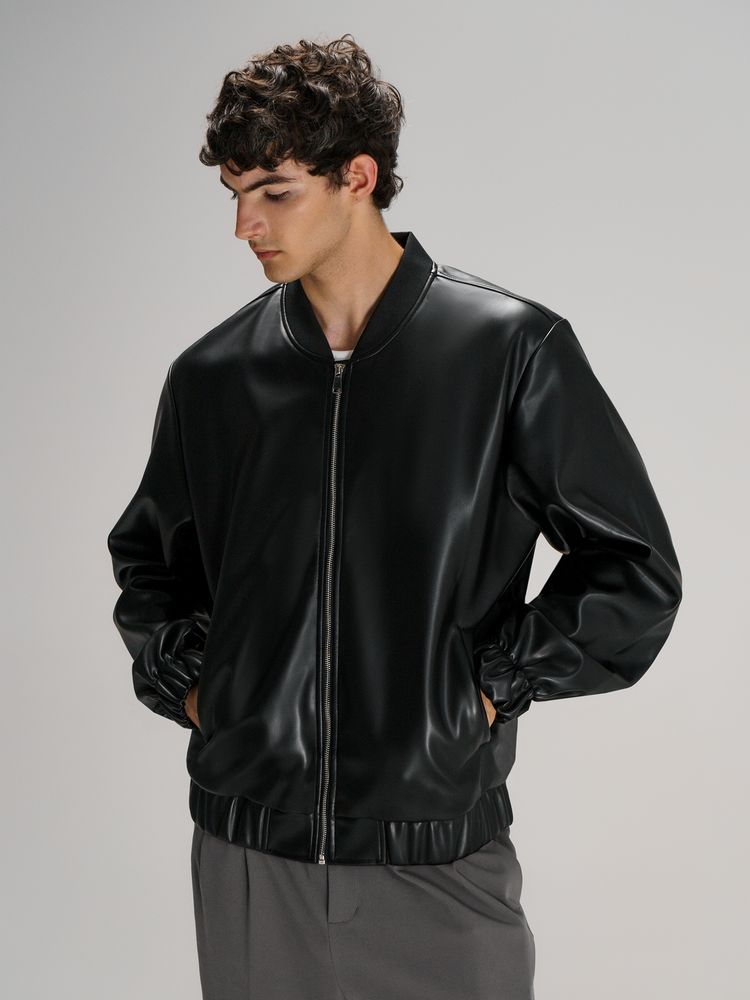 Бомбер из искусственной кожи Univer, черный с логотипом