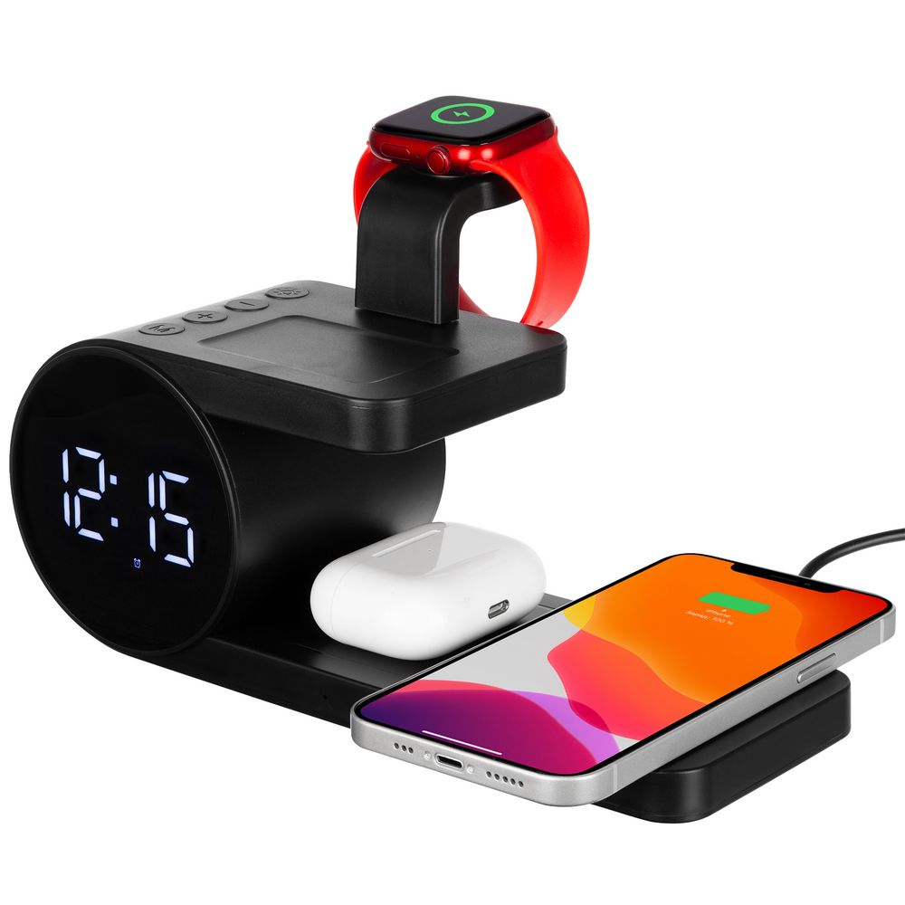 Станция беспроводной зарядки с часами fullStack, черная с логотипом