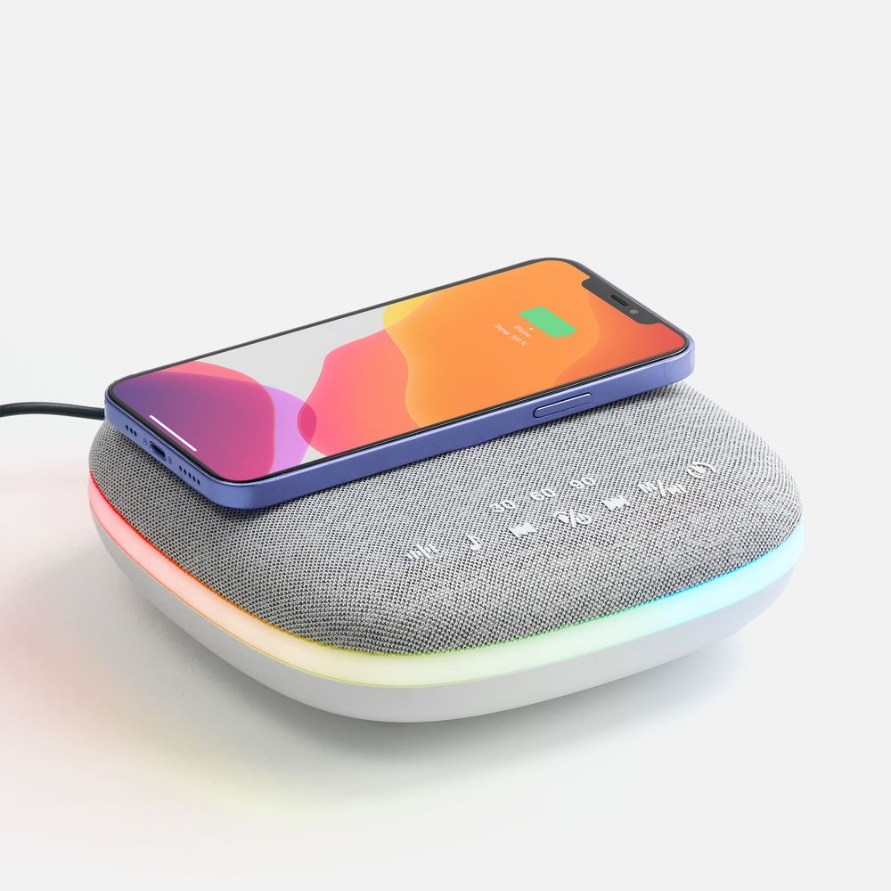 Bluetooth-колонка с беспроводной зарядкой и подсветкой Terrafonic, серая с логотипом