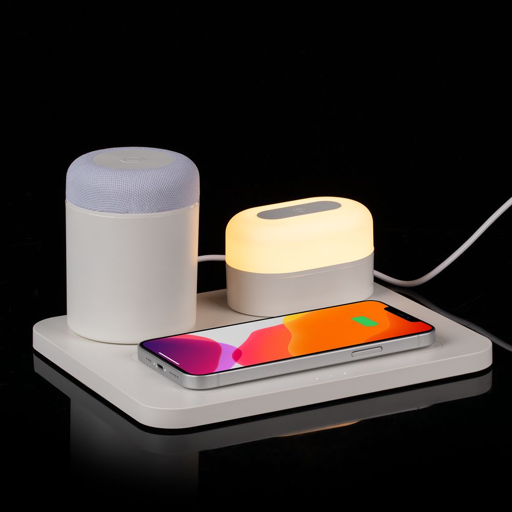 Станция беспроводной зарядки с колонкой и ночником Trilogy, белая с логотипом