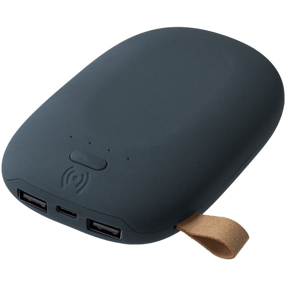 Аккумулятор с беспроводной зарядкой Pebble Wireless 9000 мАч, серо-синий с логотипом