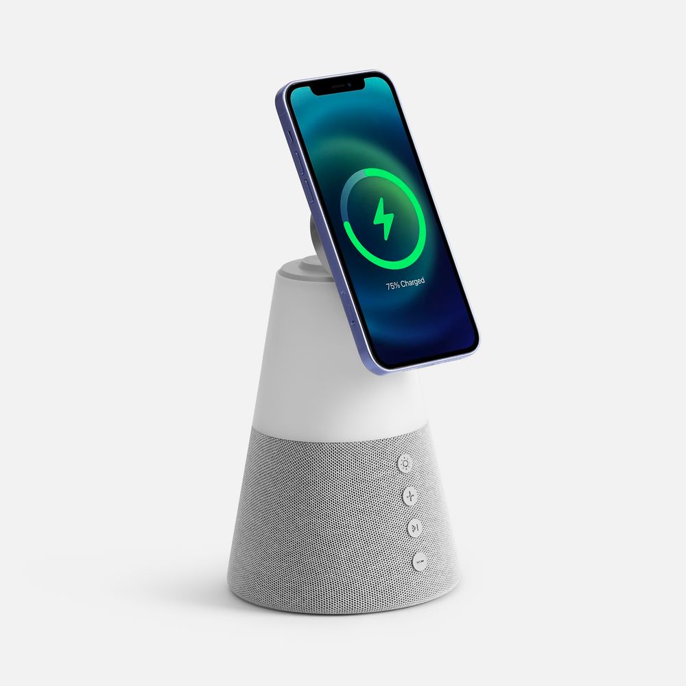 Bluetooth-колонка с беспроводной зарядкой и подсветкой Cone Sonance, серая с логотипом