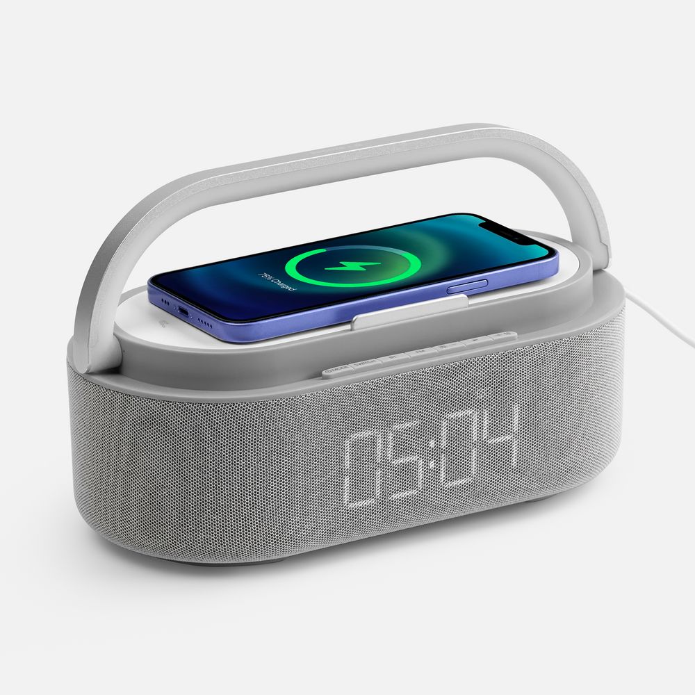 Колонка с часами и беспроводной зарядкой Veske ver.2, серая с логотипом