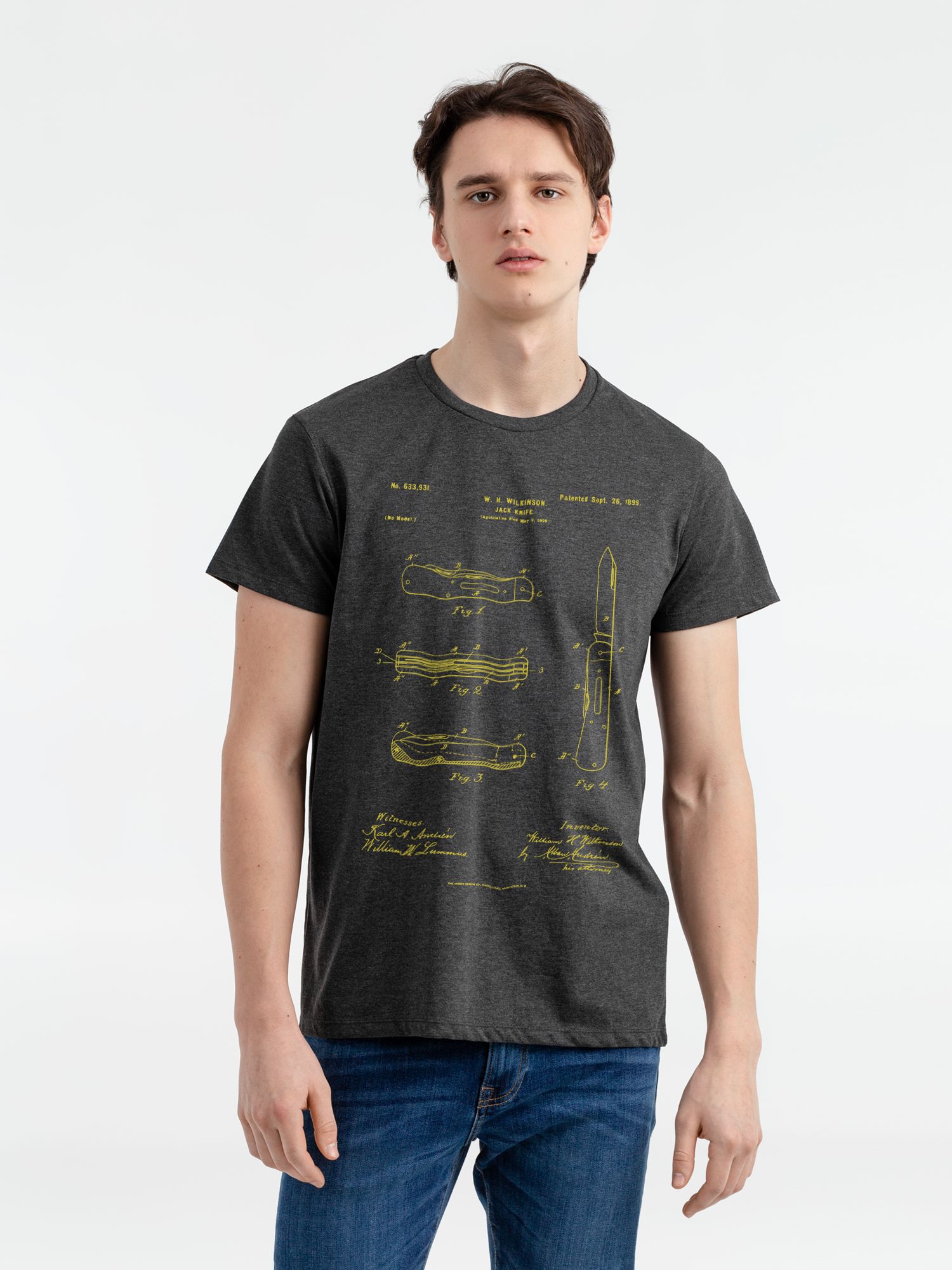 Футболка приталенная Old Patents. Knife, черный меланж с логотипом