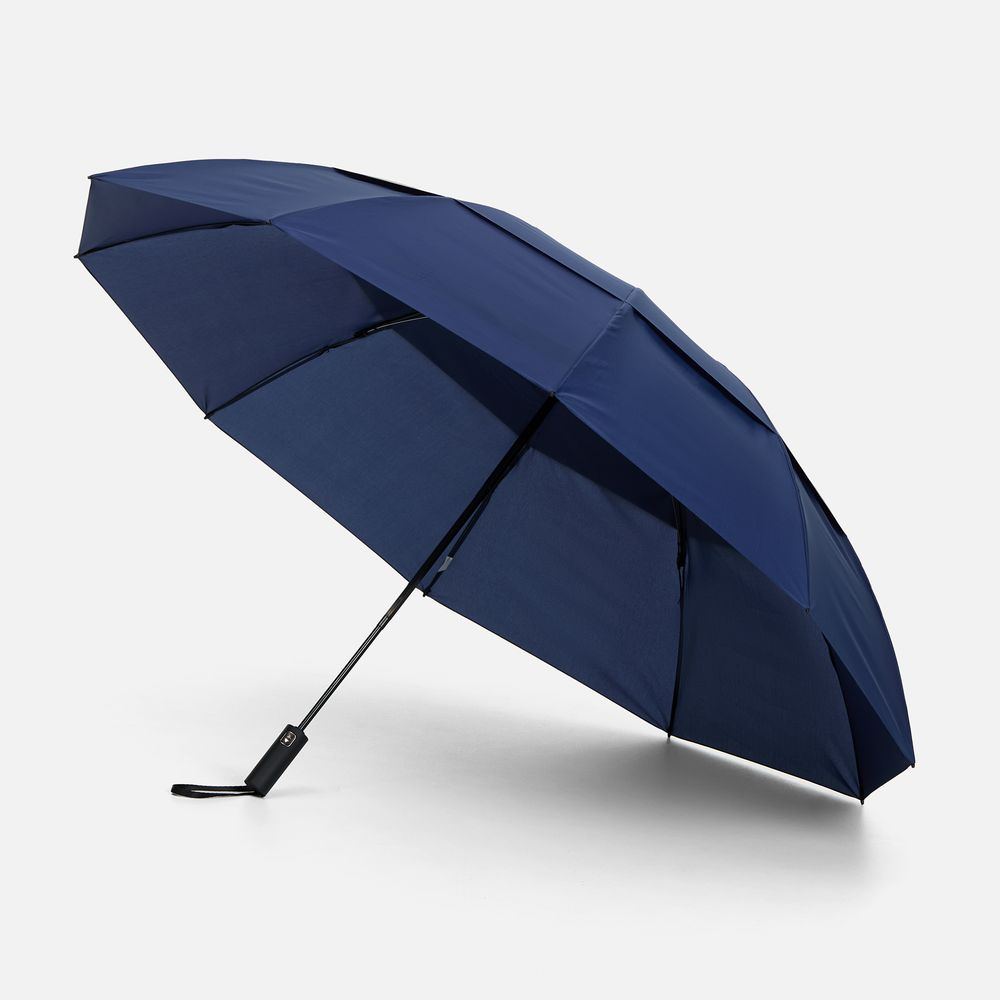 Зонт обратного сложения twoGether с двойным куполом, темно-синий с логотипом