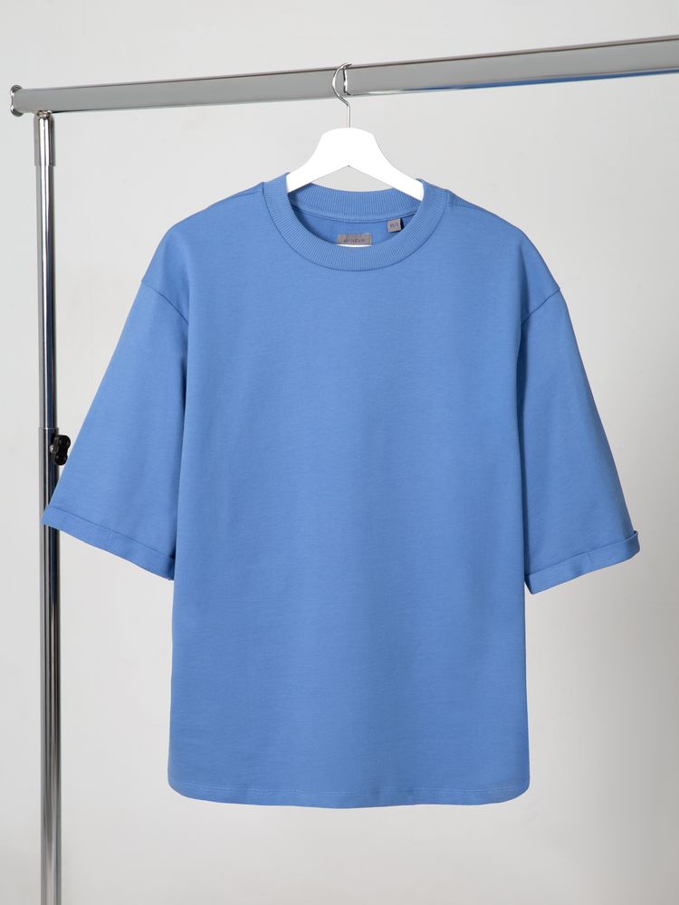 Футболка оверсайз унисекс Kosmos 2.0, синяя с логотипом