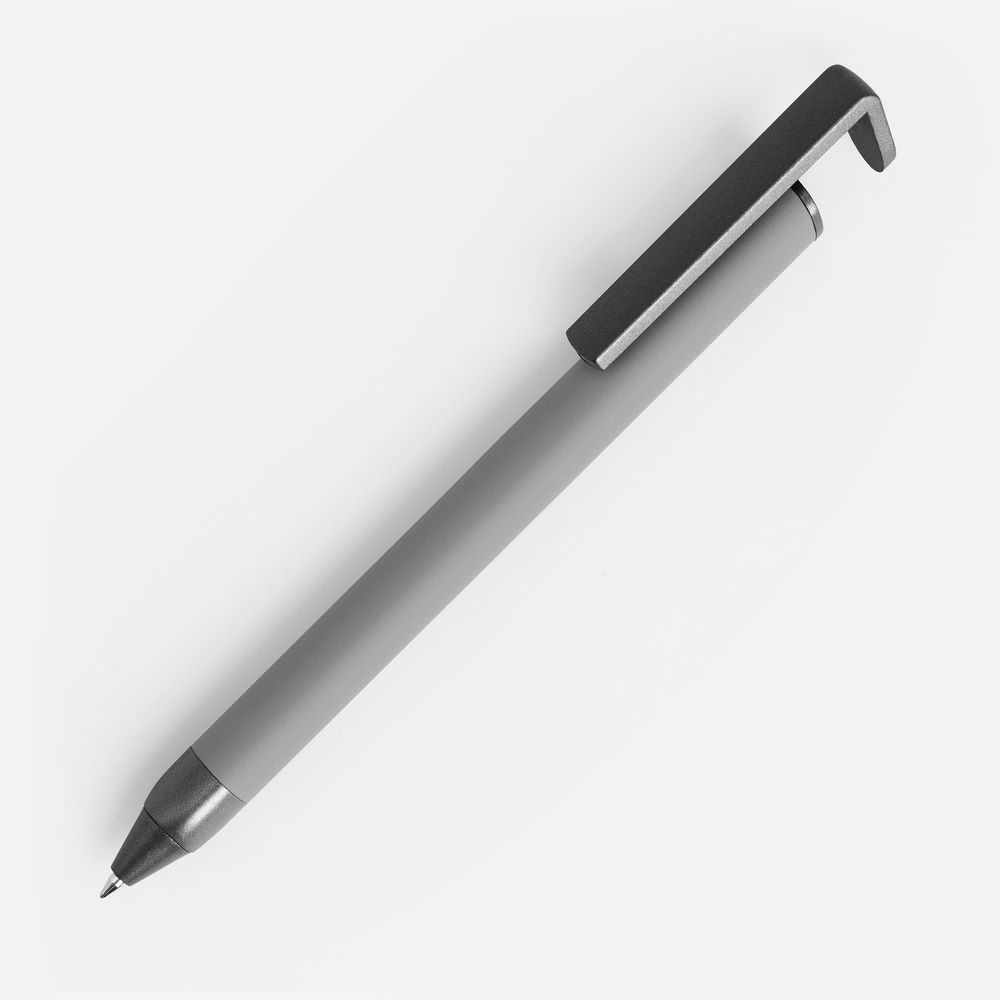 Ручка шариковая Standic с подставкой для телефона, серая с логотипом