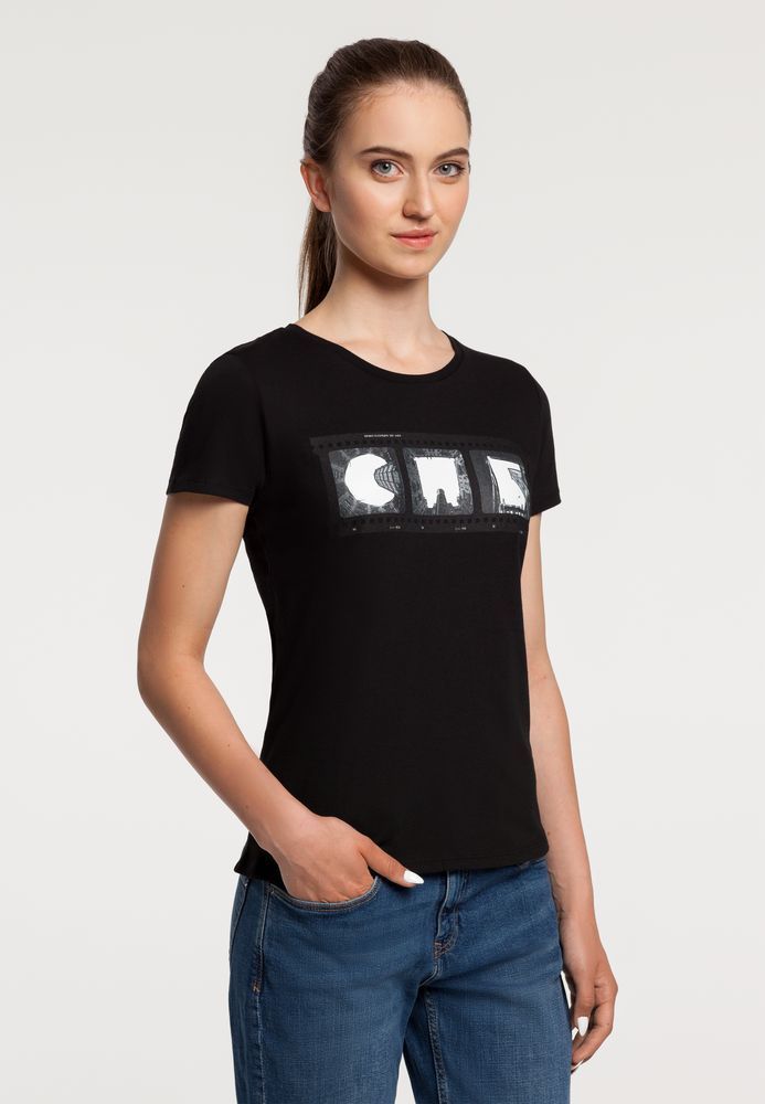 Футболка женская «Небо-душа», черная с логотипом