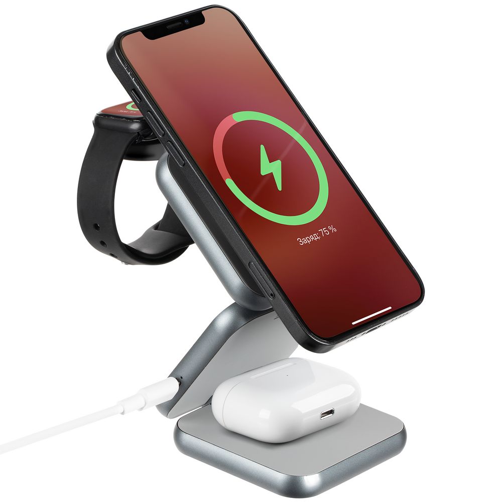 Складная станция беспроводной зарядки Terza, серебристая с логотипом