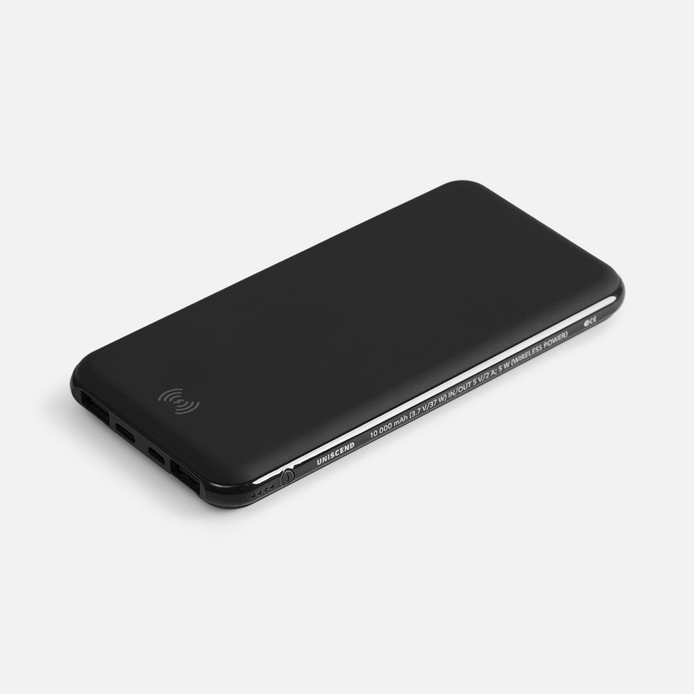 Аккумулятор с беспроводной зарядкой All Day Wireless, 10000 мАч, черный с логотипом