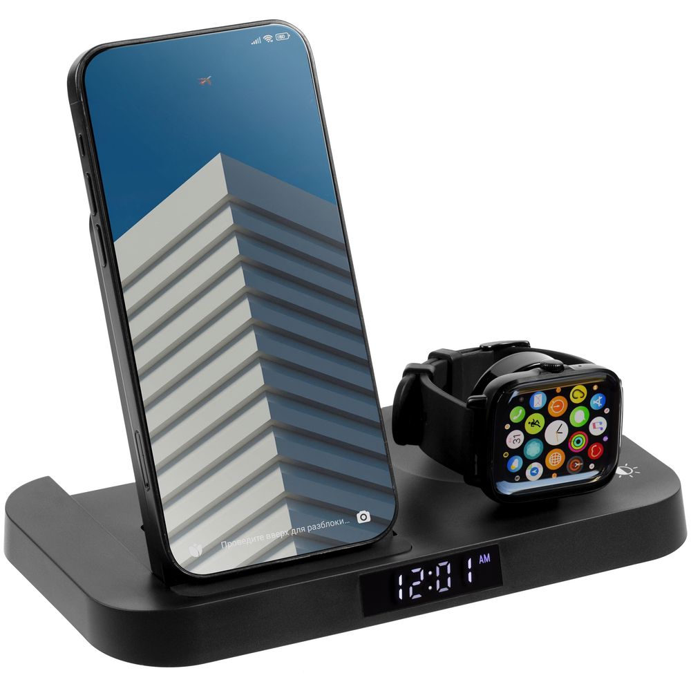 Зарядная станция с часами Clock Nest, черная с логотипом